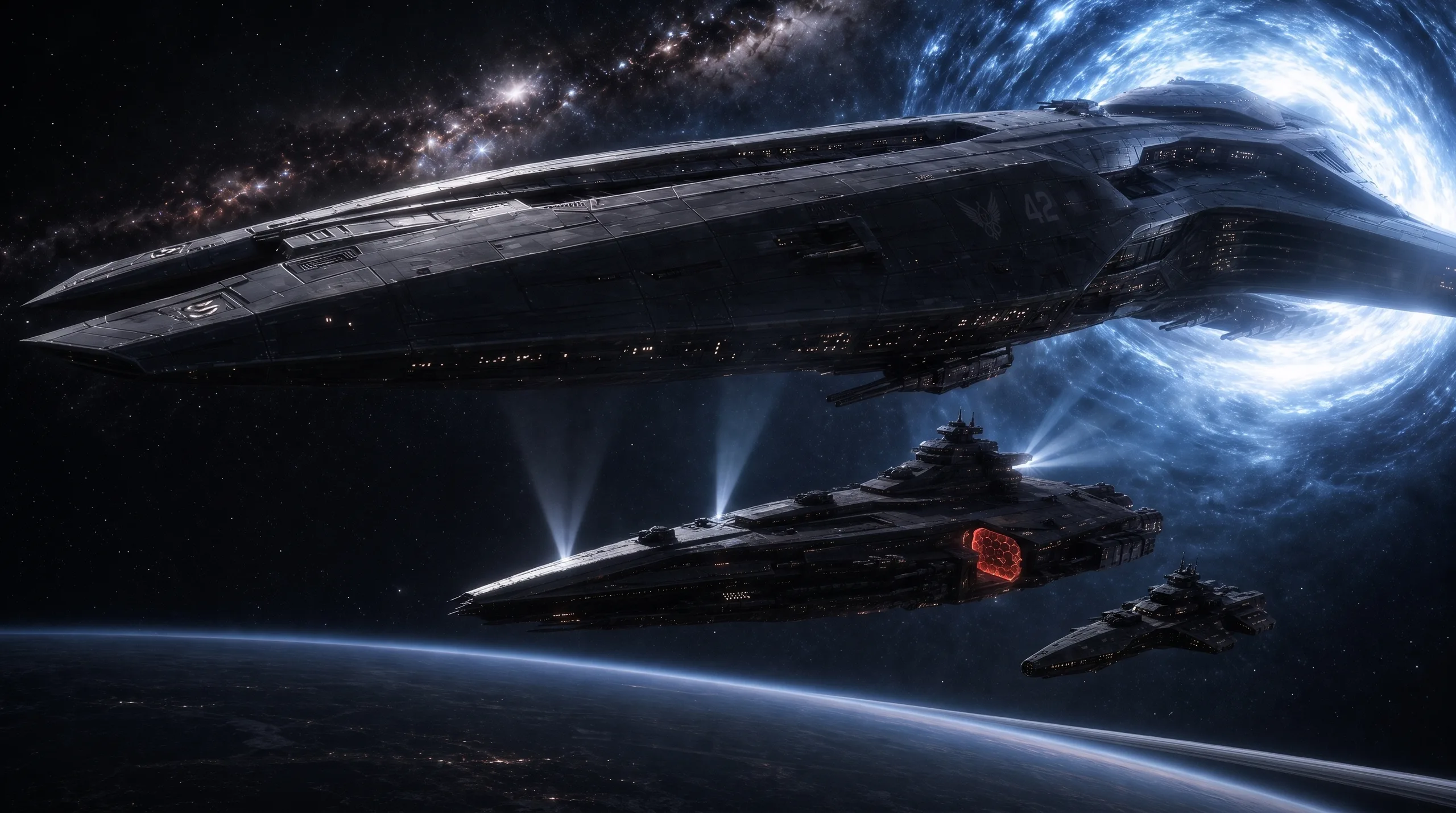 A dreadnought dwarfing its escort ships against a blazing vortex