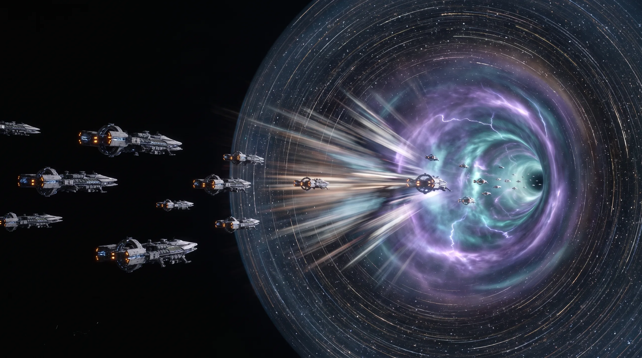 The combined fleet enters a vast wormhole — the leading arks already blurring into light while the last hold formation behind