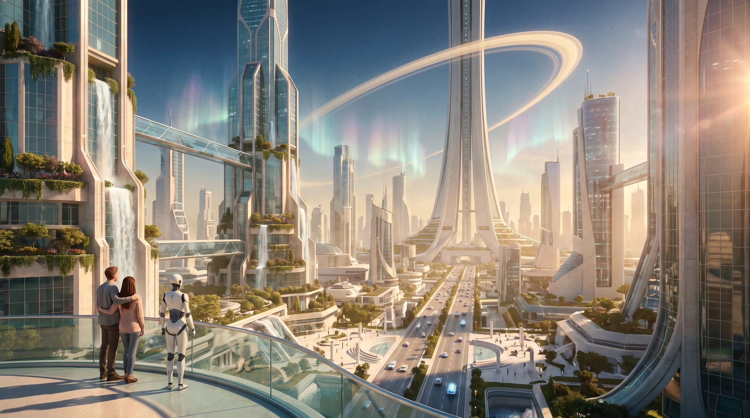 A couple and their android look out from a garden terrace over a sunlit far-future tower city, an orbital ring arcing pale across the sky