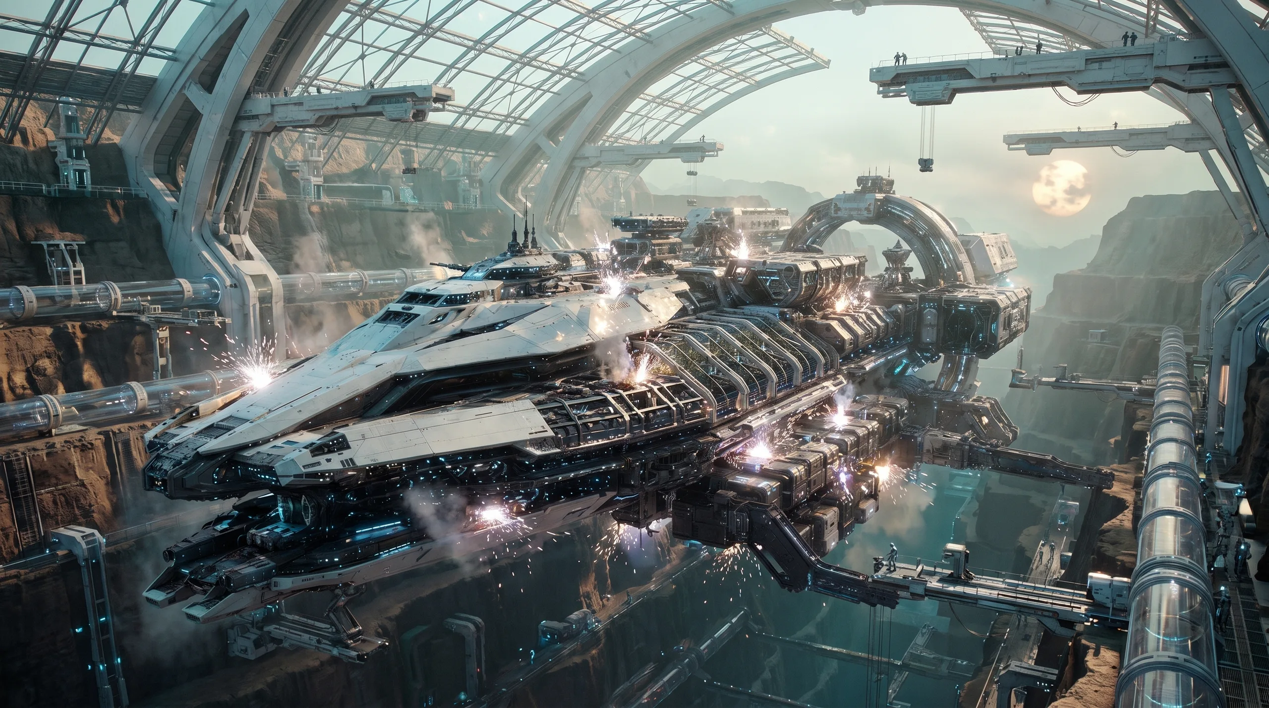 The half-plated skeleton of a great ark rises among colossal gantry arches in a shipyard ablaze with welding light