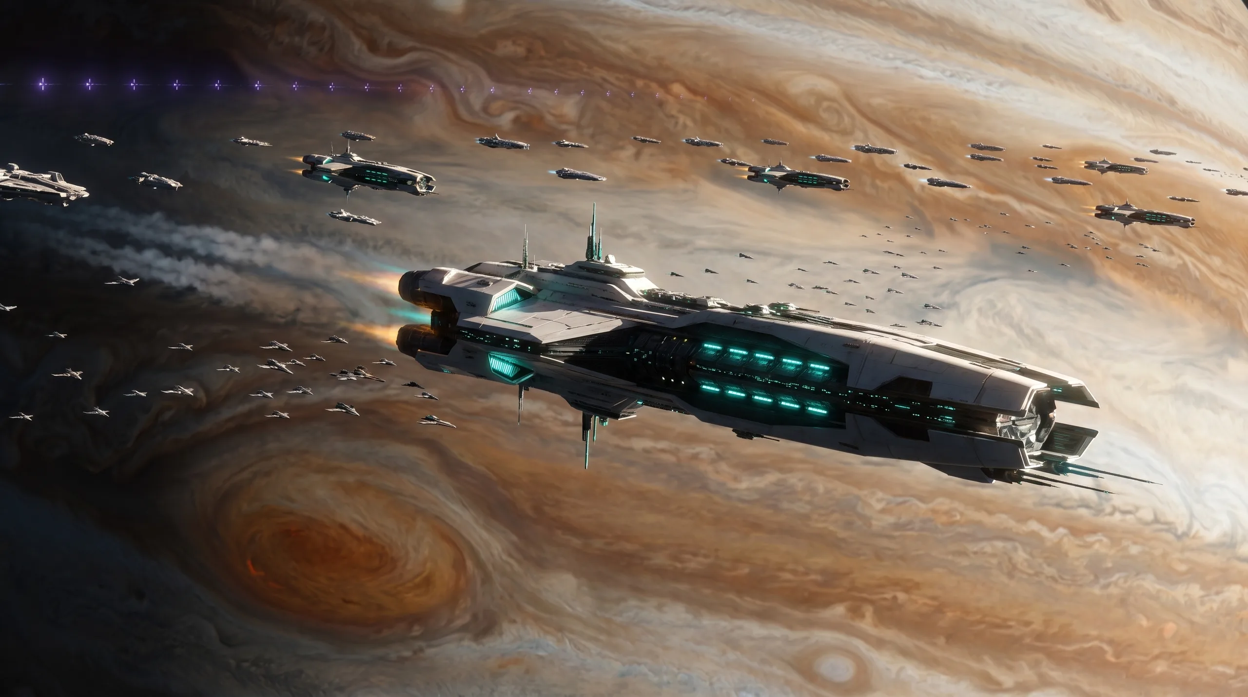 Ten thousand warships in ranked formation against Jupiter's storms — dreadnoughts kilometres long, fighter wings like drifting smoke