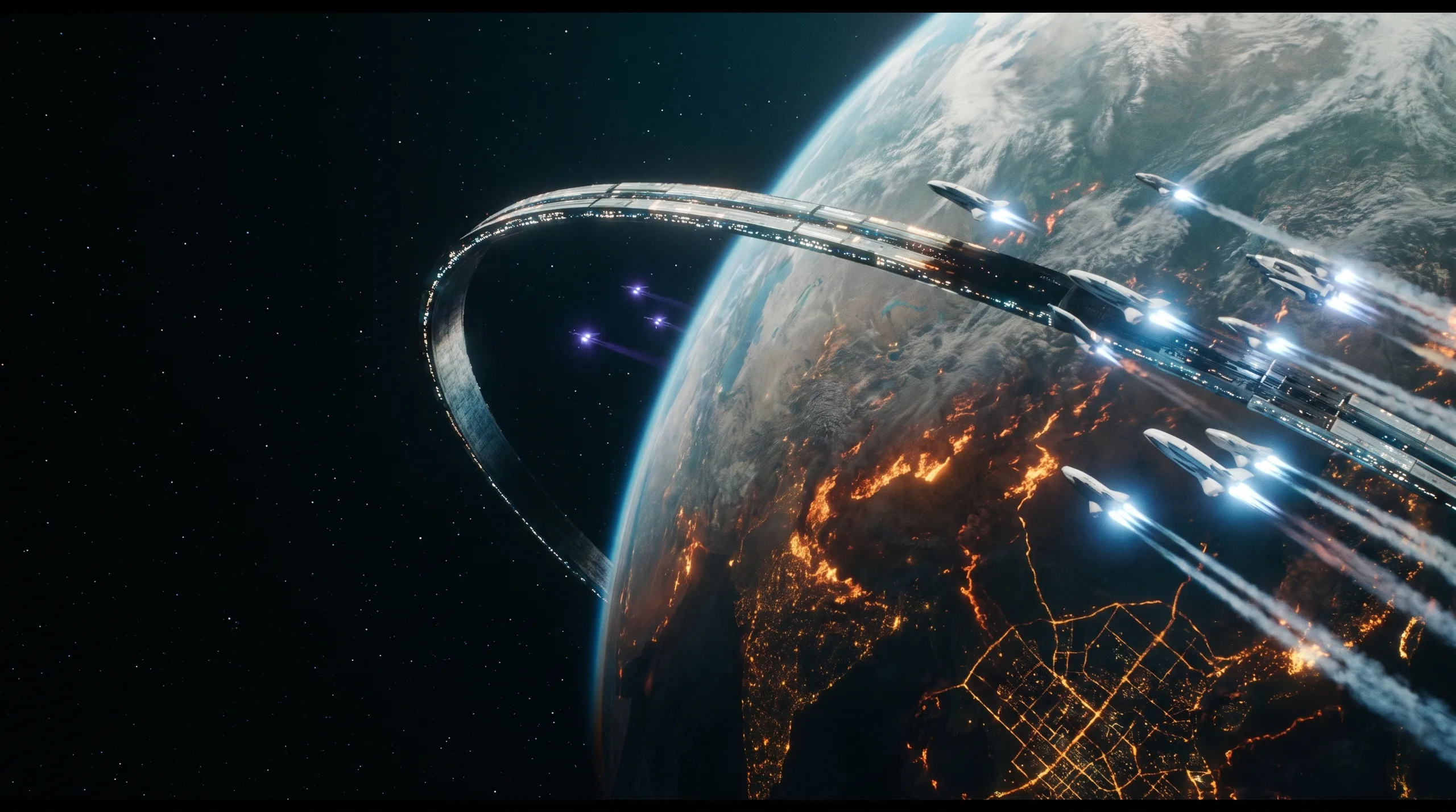 Evacuation ships climb from a burning colony world as its orbital ring goes dark section by section