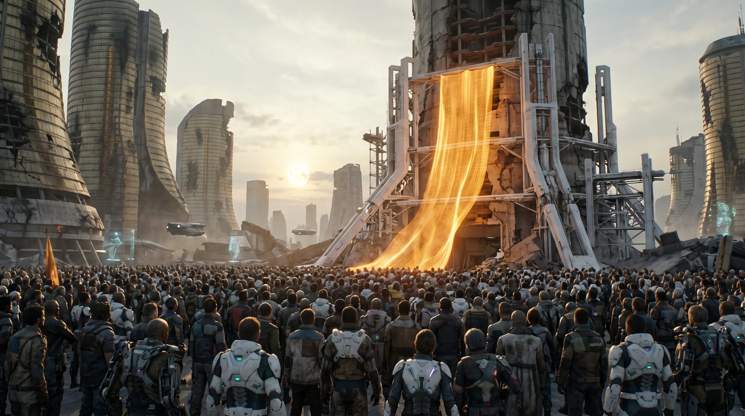 A sea of survivors in a ruined plaza as one new banner of light rises over white rebuilt scaffolding