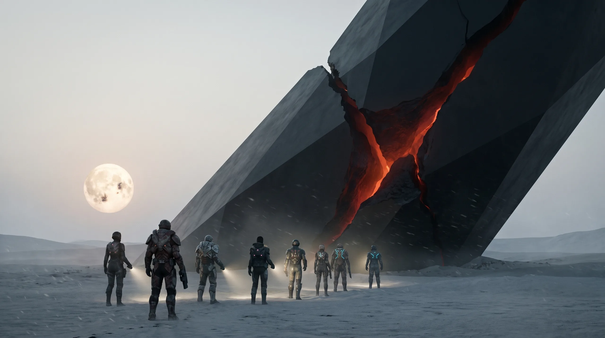 Survivors with lights stand before the Eschaton's cracked final core, its ember heart dying in a plain of ash