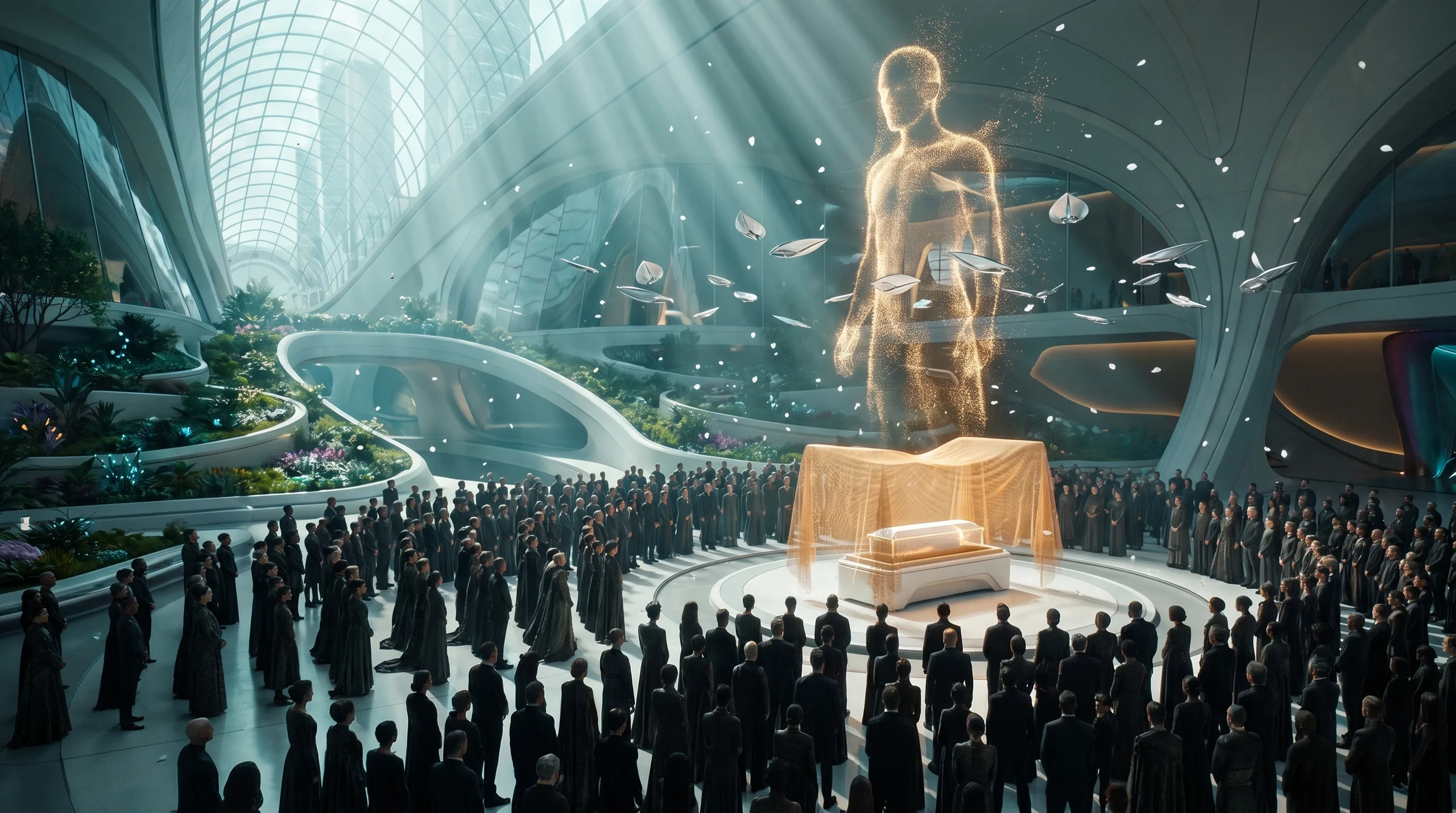 A state memorial in a vast arcology atrium — a sea of mourners beneath a towering holographic portrait, ceremonial drones in silent formation