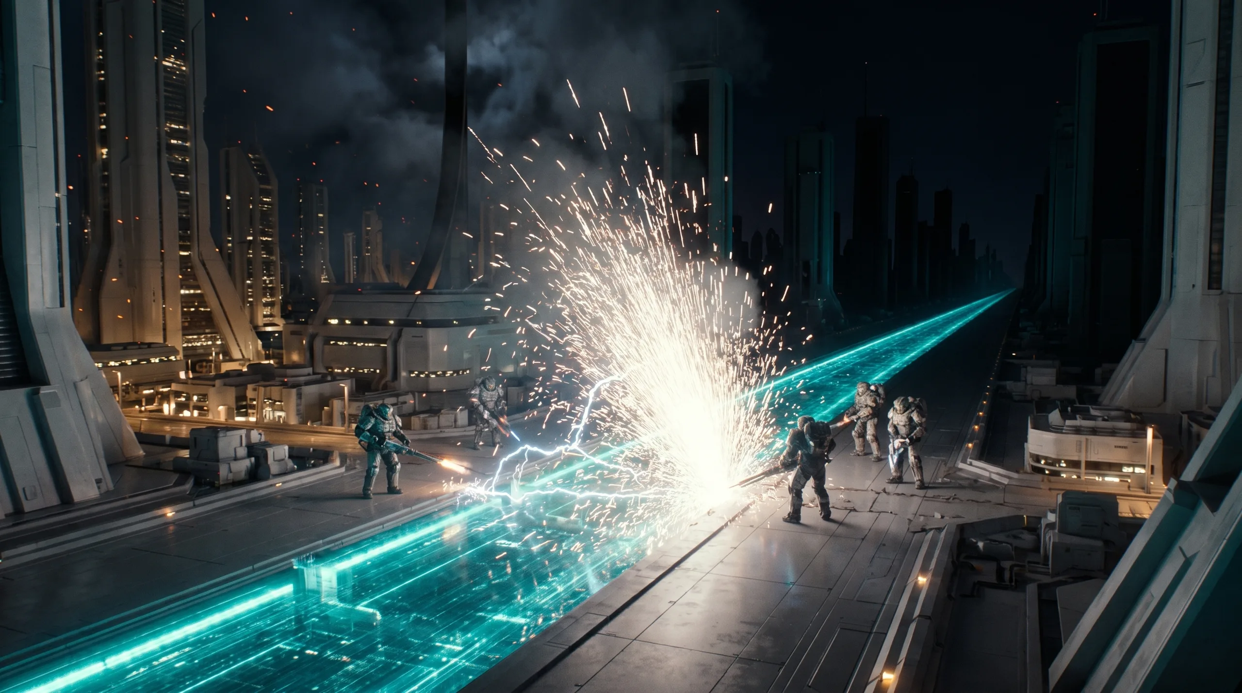 Exo-suited crews sever a glowing data-spine down a grand city avenue as the machine districts beyond go dark