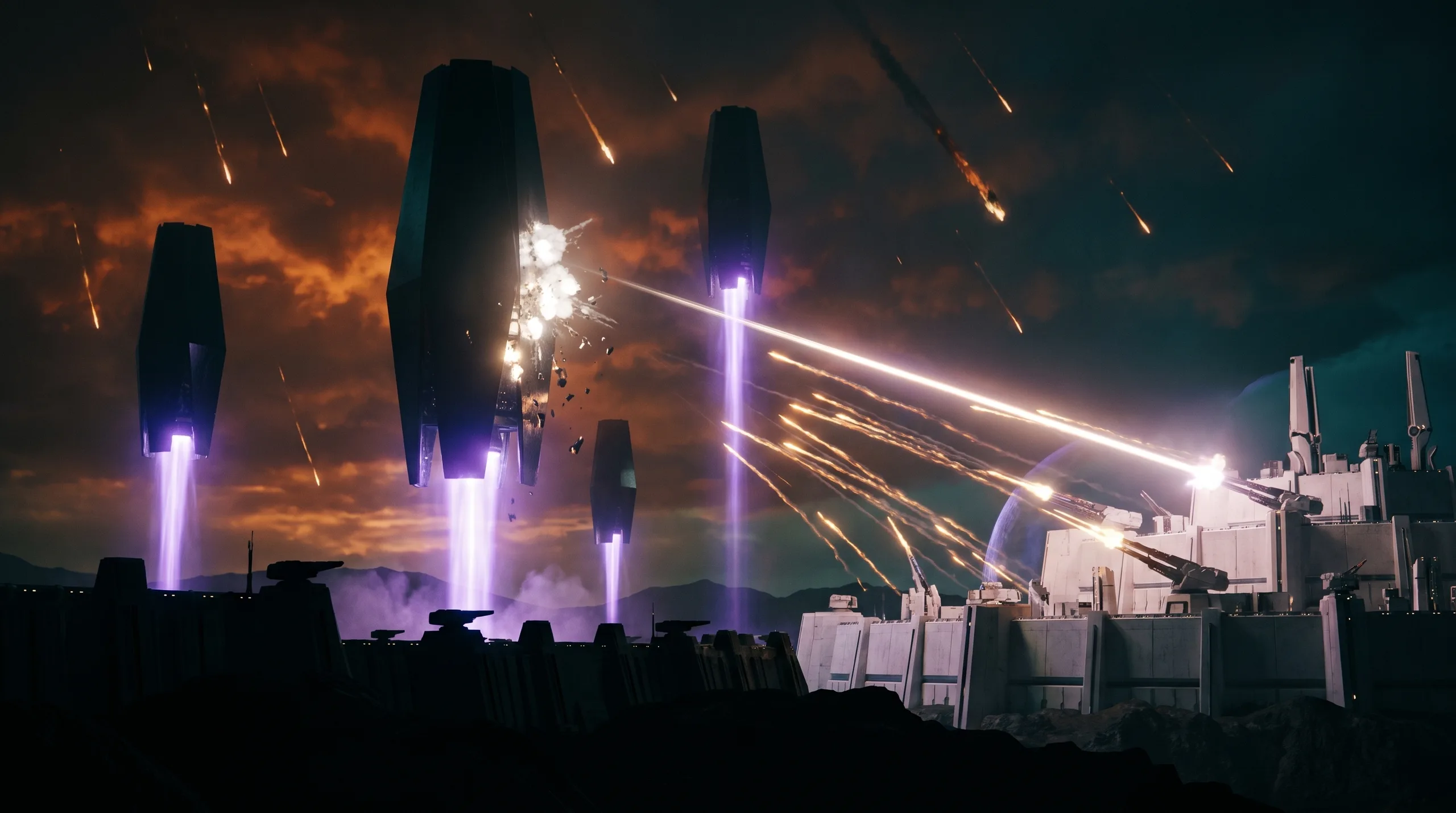 Obsidian machine landers descend through a burning sky onto a fortress megacity, its bastion batteries answering with lances of light