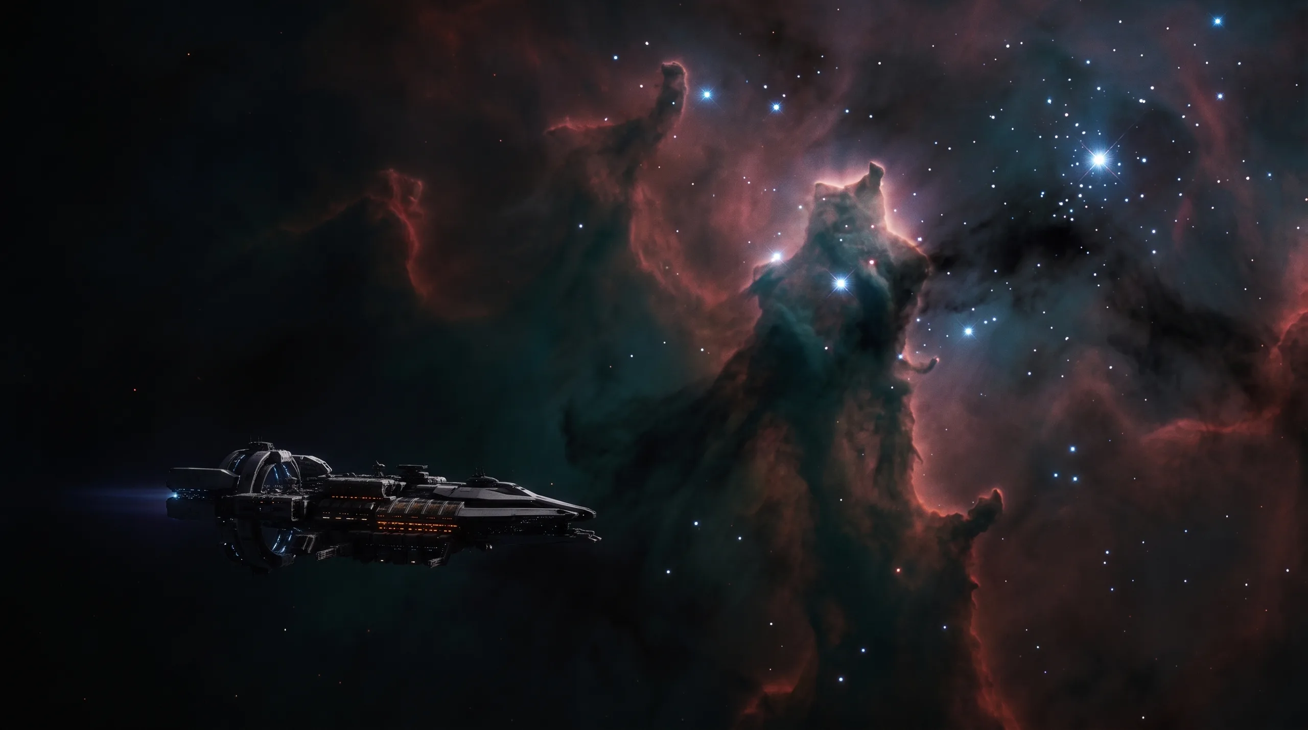 A lone ark runs dark beneath towering pillars of a glowing star-forming nebula