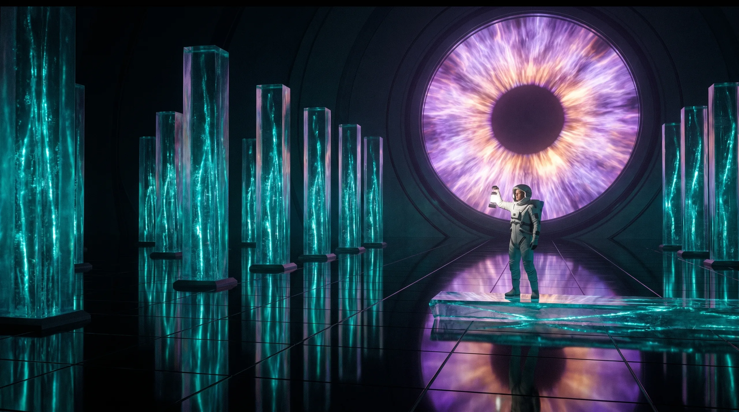A lone investigator dwarfed in a cathedral-like hall of photonic computing columns as a colossal machine eye wakes