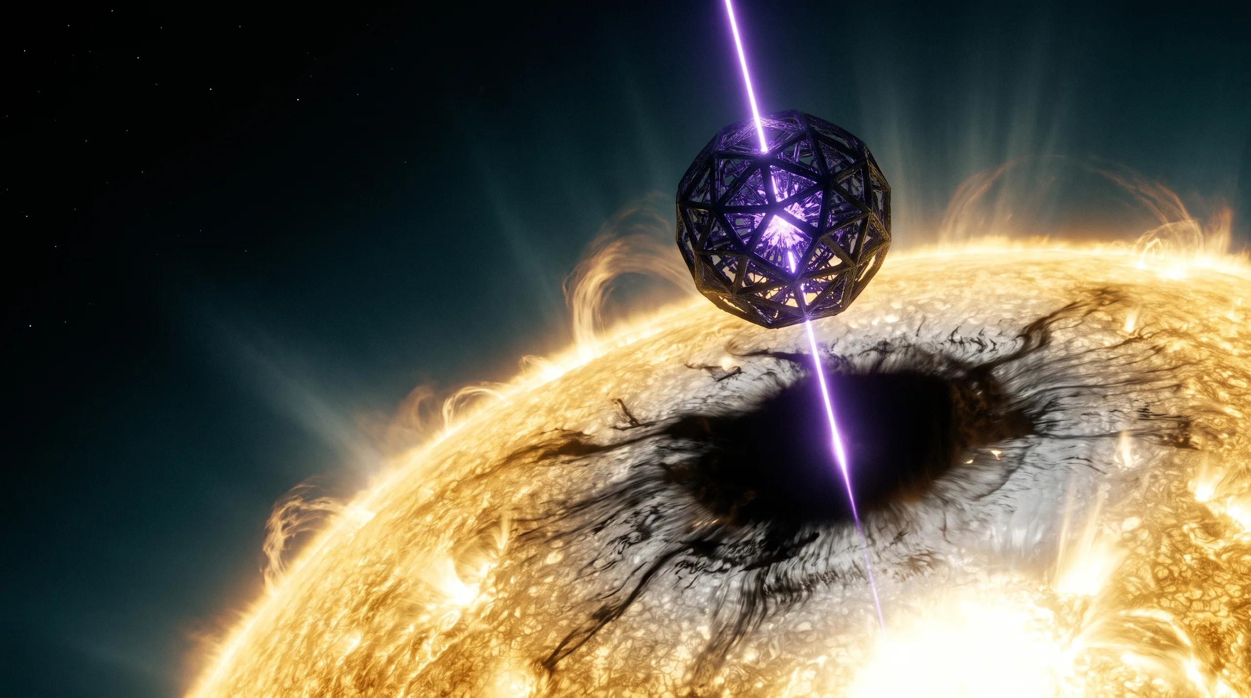 A colossal machine engine drives a spreading dark wound into the Sun's roiling surface