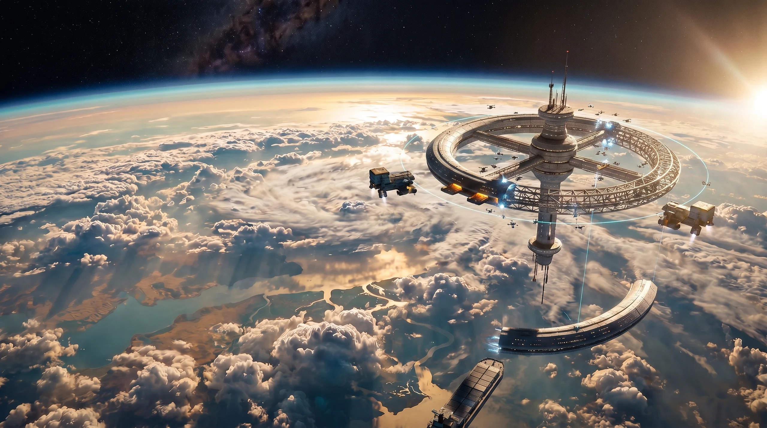 Tug craft and drone swarms assemble a vast wheel station high above a sunlit, cloud-swirled planet